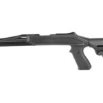 Side view of a black tactical shotgun with a long vented barrel, pistol grip, and adjustable stock.