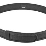 Black fabric belt laid in a loose circular loop with a buckle and stitched strap detail.