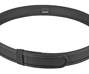 Black fabric belt laid in a loose circular loop with a buckle and stitched strap detail.