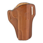 Brown leather pistol holster with belt loops for a handgun (open-top design).
