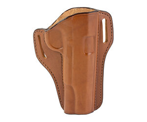 Brown leather pistol holster with belt loops for a handgun (open-top design).