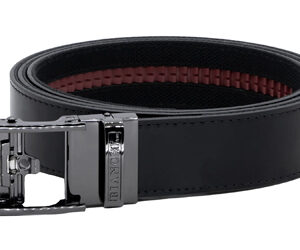 Black leather belt with a shiny silver buckle, lightly coiled on a white background.