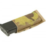 Camouflage fabric sleeve wrapped around a black handgun magazine