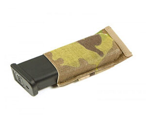 Camouflage fabric sleeve wrapped around a black handgun magazine