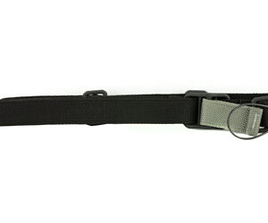 Black adjustable strap with a metal buckle and D-ring.