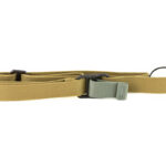 Tan nylon tactical strap with a secure quick-release buckle laid flat