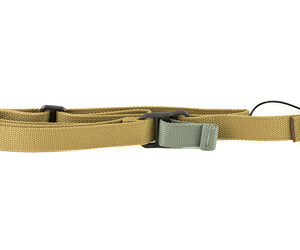 Tan nylon tactical strap with a secure quick-release buckle laid flat