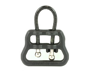 Small gray padlock with a rounded shackle inside a rectangular metal hasp.