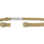 Two-tone webbing strap with metal buckles laid flat, featuring a small label in the middle.