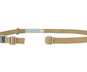 Two-tone webbing strap with metal buckles laid flat, featuring a small label in the middle.