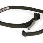 Black adjustable camera strap with metal end clips and a quick-release buckle.