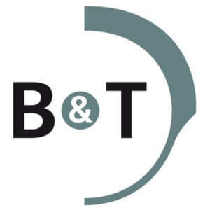 Logo for B & T with bold letters, a teal circled ampersand, and a partial teal arc encircling the right side.