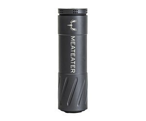 Black insulated thermos bottle with textured grip and MeatEater branding, standing upright.
