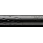 Black rifle suppressor (silencer) with diagonal grooves and branding, shown lying horizontally.