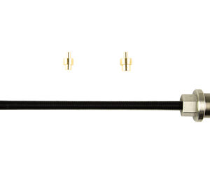 Long black rod with a hexagonal nut on one end and a threaded metal connector on the other, with two small brass pins shown above.