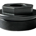 Black threaded cap with a hexagonal top and central bore (industrial seal/adapter).