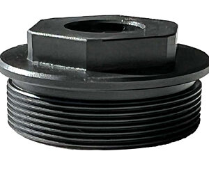 Black threaded cap with a hexagonal top and central bore (industrial seal/adapter).