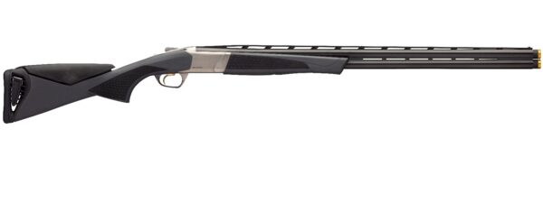 Over-under shotgun with black/gray stock and two parallel barrels on a white background