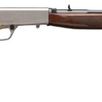 Side view of a polished wooden-stock shotgun with a long blued barrel and checkered grip on the stock and fore-end