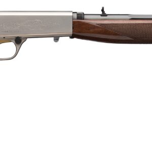Side view of a polished wooden-stock shotgun with a long blued barrel and checkered grip on the stock and fore-end