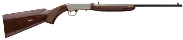 Side view of a polished wooden-stock shotgun with a long blued barrel and checkered grip on the stock and fore-end