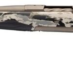 Camouflage-pattern bolt-action hunting rifle with long barrel and pistol grip viewed from the side on a white background.