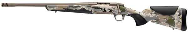 Camouflage-pattern bolt-action hunting rifle with long barrel and pistol grip viewed from the side on a white background.