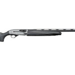 Black pump-action shotgun with a synthetic stock and long ventilated-rib barrel.