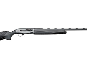 Black pump-action shotgun with a synthetic stock and long ventilated-rib barrel.