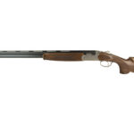 Double-barreled shotgun with a wooden stock shown in profile (side view).