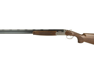 Double-barreled shotgun with a wooden stock shown in profile (side view).