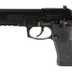 Side view of a black semi-automatic handgun with a textured grip on a white background, shown in profile.