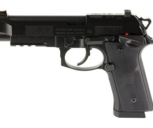 Side view of a black semi-automatic handgun with a textured grip on a white background, shown in profile.