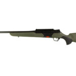Long bolt-action rifle with an olive-green stock and long barrel, shown in side profile.