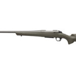 Bolt-action rifle in profile with a long barrel and olive-green stock.