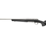 Bolt-action rifle with a long silver barrel and black synthetic stock on a white background.