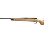 Bolt-action hunting rifle with a light wooden stock and long metal barrel, shown isolated on a white background.