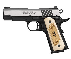Semi-automatic pistol with a silver slide, black frame, and an ornate ivory grip engraved with a design.