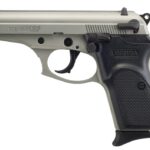 Side view of a compact semi-automatic pistol with a silver slide, tan frame, and black textured grip labeled 'Thunder 22'