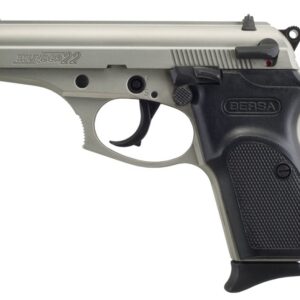 Side view of a compact semi-automatic pistol with a silver slide, tan frame, and black textured grip labeled 'Thunder 22'