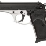 Side view of a black-and-silver Bersa semi-automatic handgun.
