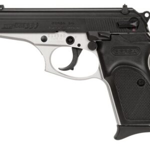 Side view of a black-and-silver Bersa semi-automatic handgun.