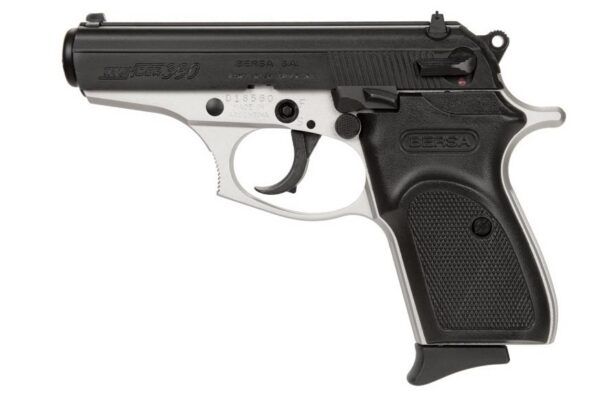 Side view of a black-and-silver Bersa semi-automatic handgun.