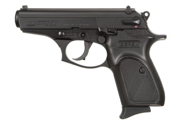 Side view of a black semi-automatic pistol with a textured grip against a white background.