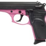 Pink and black toy pistol with a textured grip, photographed from the side to show its play-weapon design.