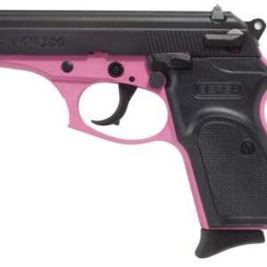 Pink and black toy pistol with a textured grip, photographed from the side to show its play-weapon design.