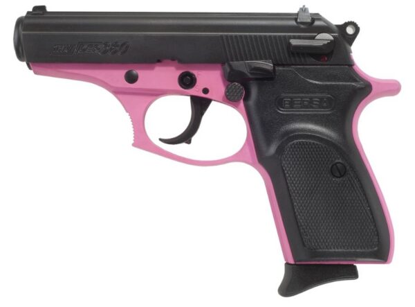 Pink and black toy pistol with a textured grip, photographed from the side to show its play-weapon design.