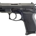 Left-side profile of a black semi-automatic pistol with a textured grip and visible trigger guard on a white background.