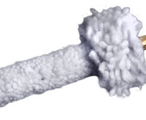 Close-up of a white microfiber mop head attached to a brass-threaded handle.