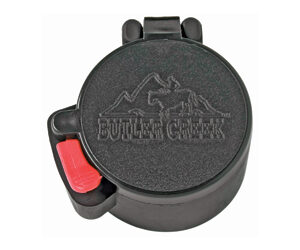 Butler Creek flip-style lens cap with red quick-release latch.